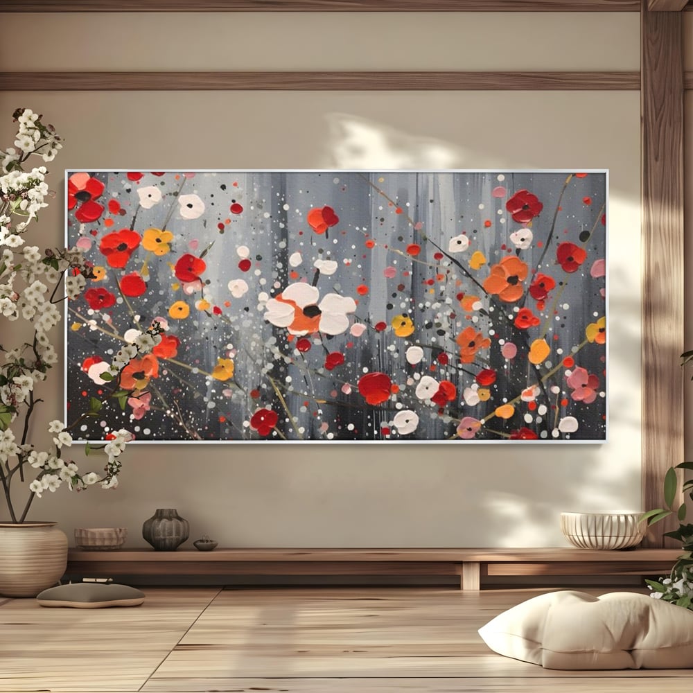 Tablou canvas cu pictura abstracta cu flori si stropi, in rama de aluminiu argintiu